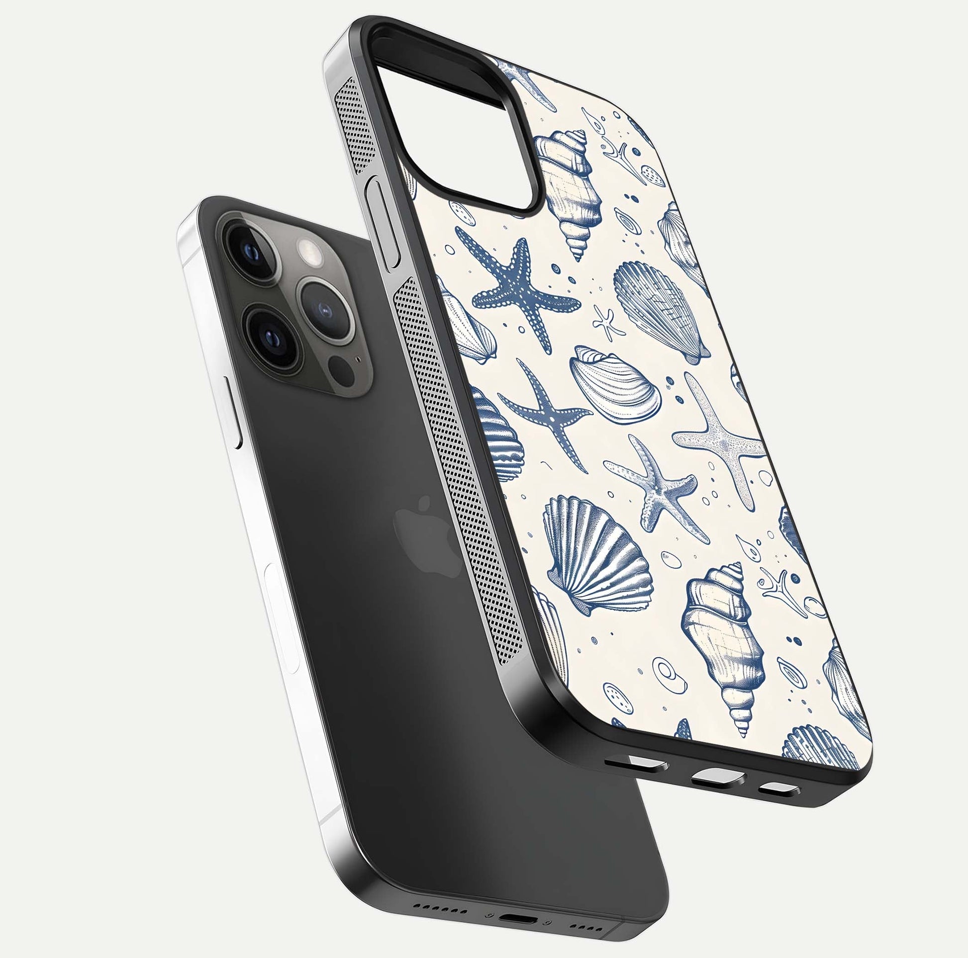 Blue Ocean Outline Glass Case for iPhone 12 Pro Max floating mockup displaying marine-inspired aesthetic and smooth surface