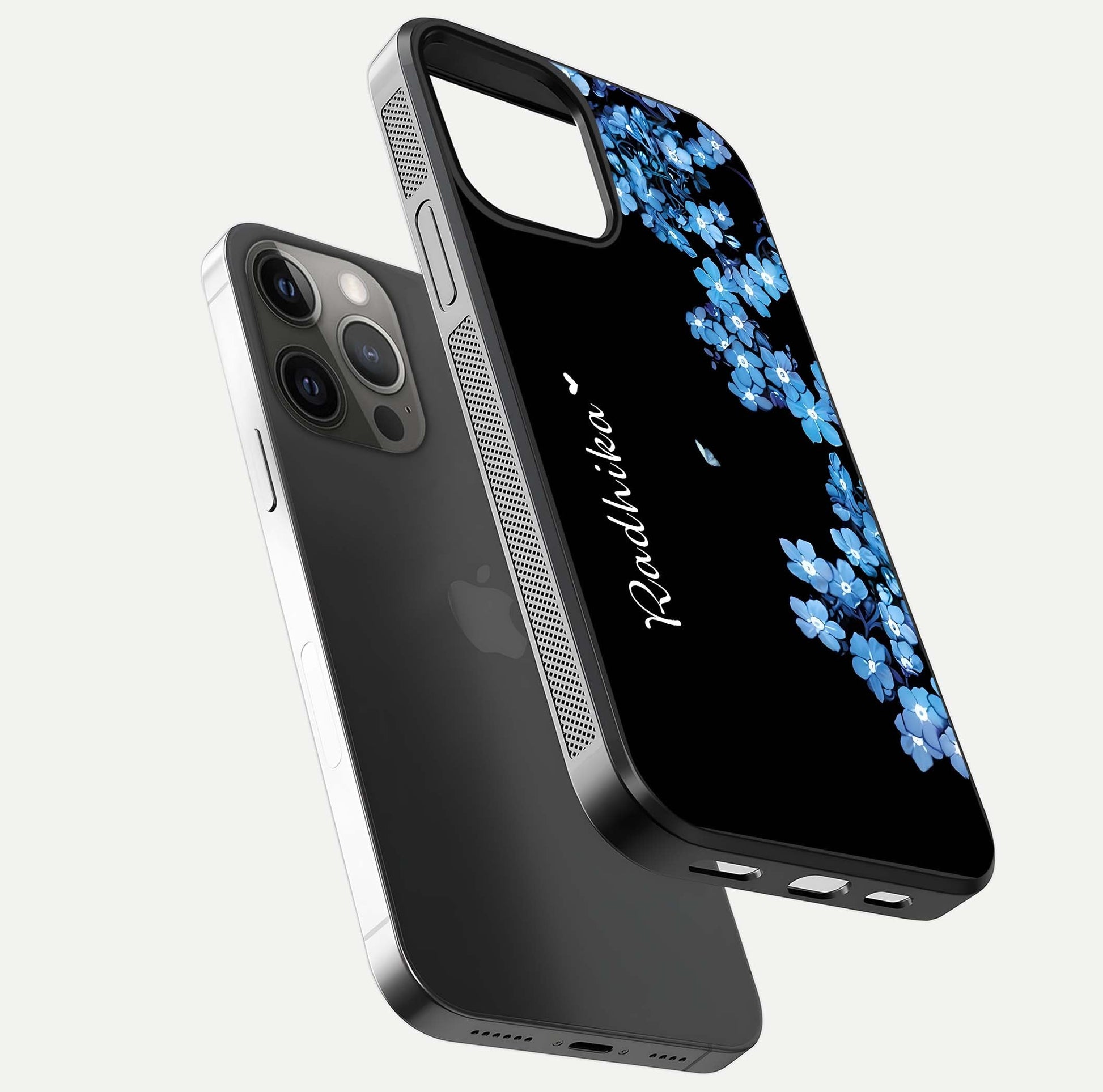 Blue Petal Dream Custom Name Glass Case for iPhone 12 Pro Max floating mockup capturing floral tones and glass shine