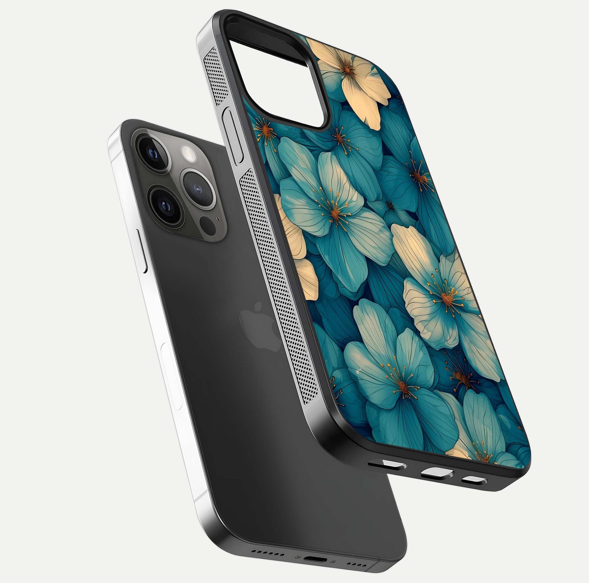 Blue Shade Floral Glass Case for iPhone 12 Pro Max floating mockup revealing gloss highlight and floral depth