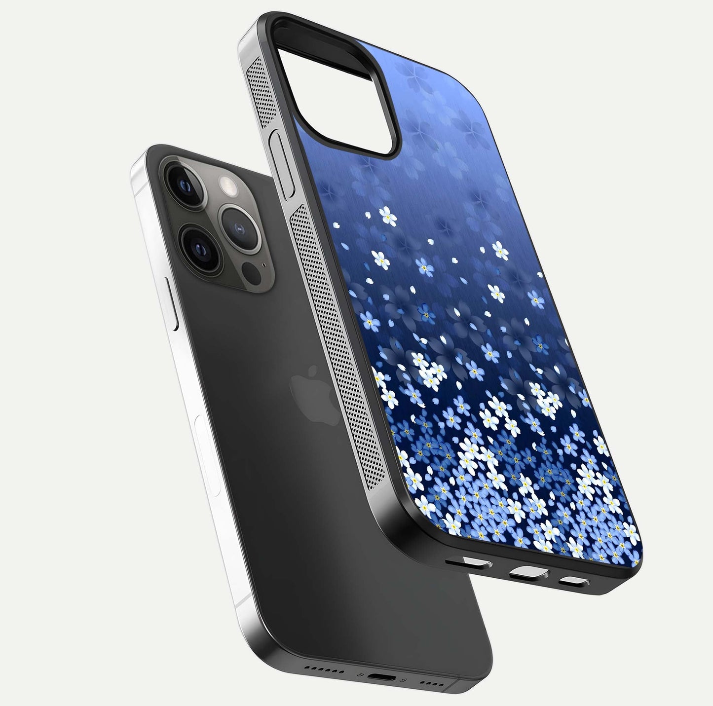 Blue Starry Glass Case for iPhone 12 Pro Max floating mockup capturing cosmic tone and HD gloss texture