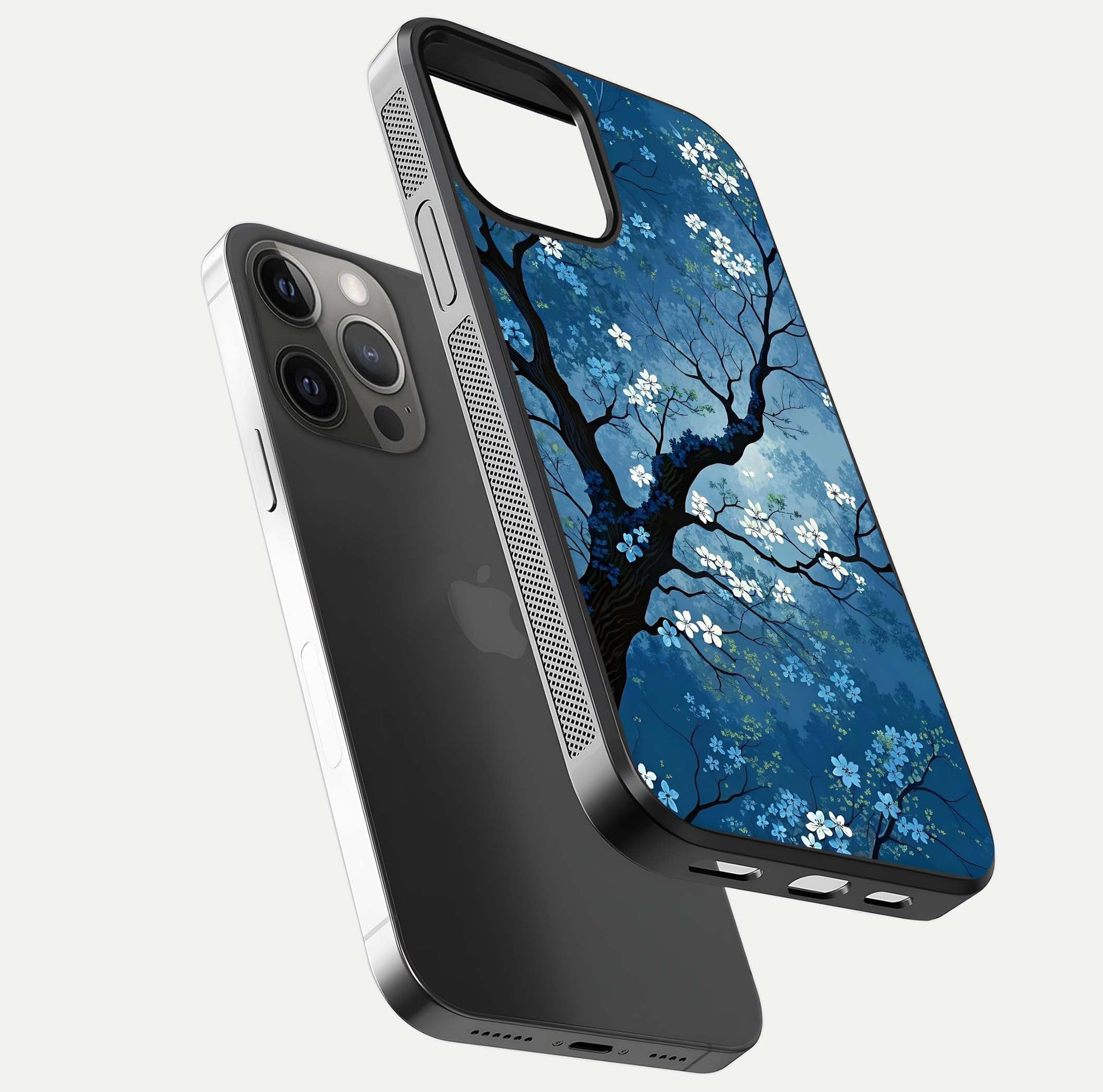 Blue Tree Serenity Glass Case for iPhone 12 Pro Max floating mockup displaying serene tones and HD glass polish