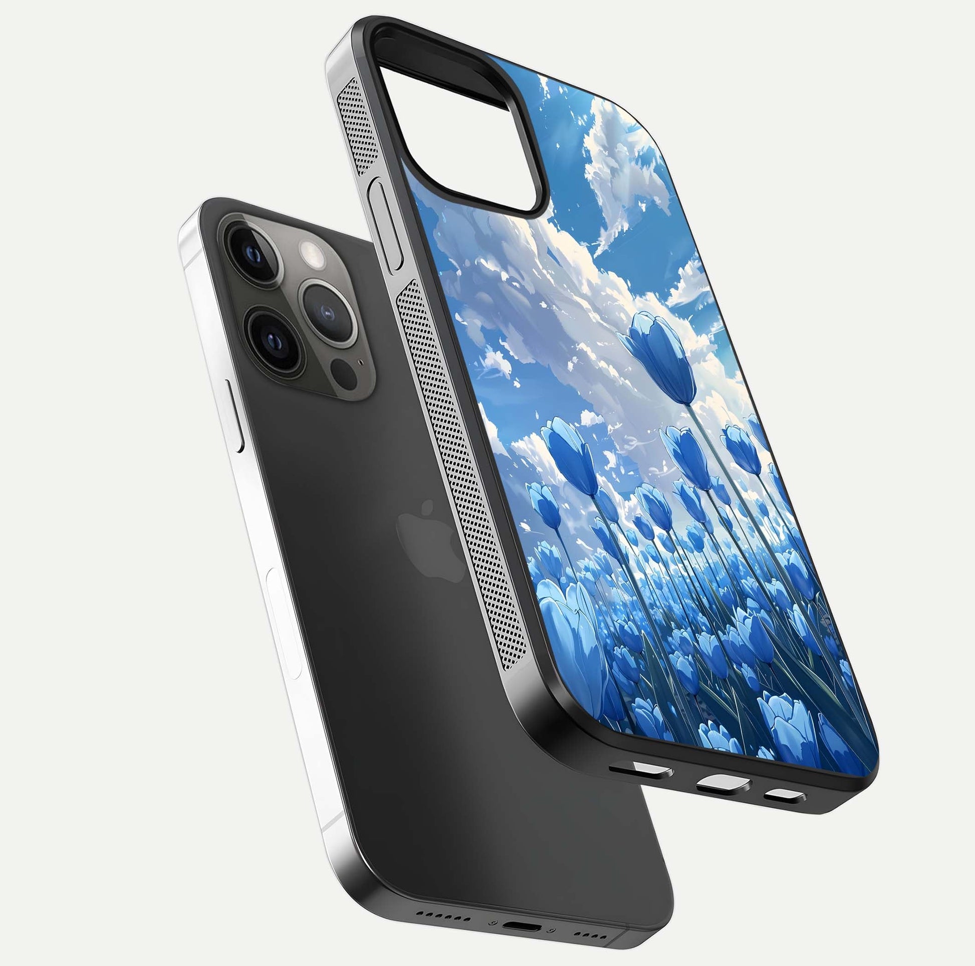 Blue Tulip Clouds Glass Case for iPhone 12 Pro Max floating mockup displaying tulip-cloud fusion art and smooth glass gloss