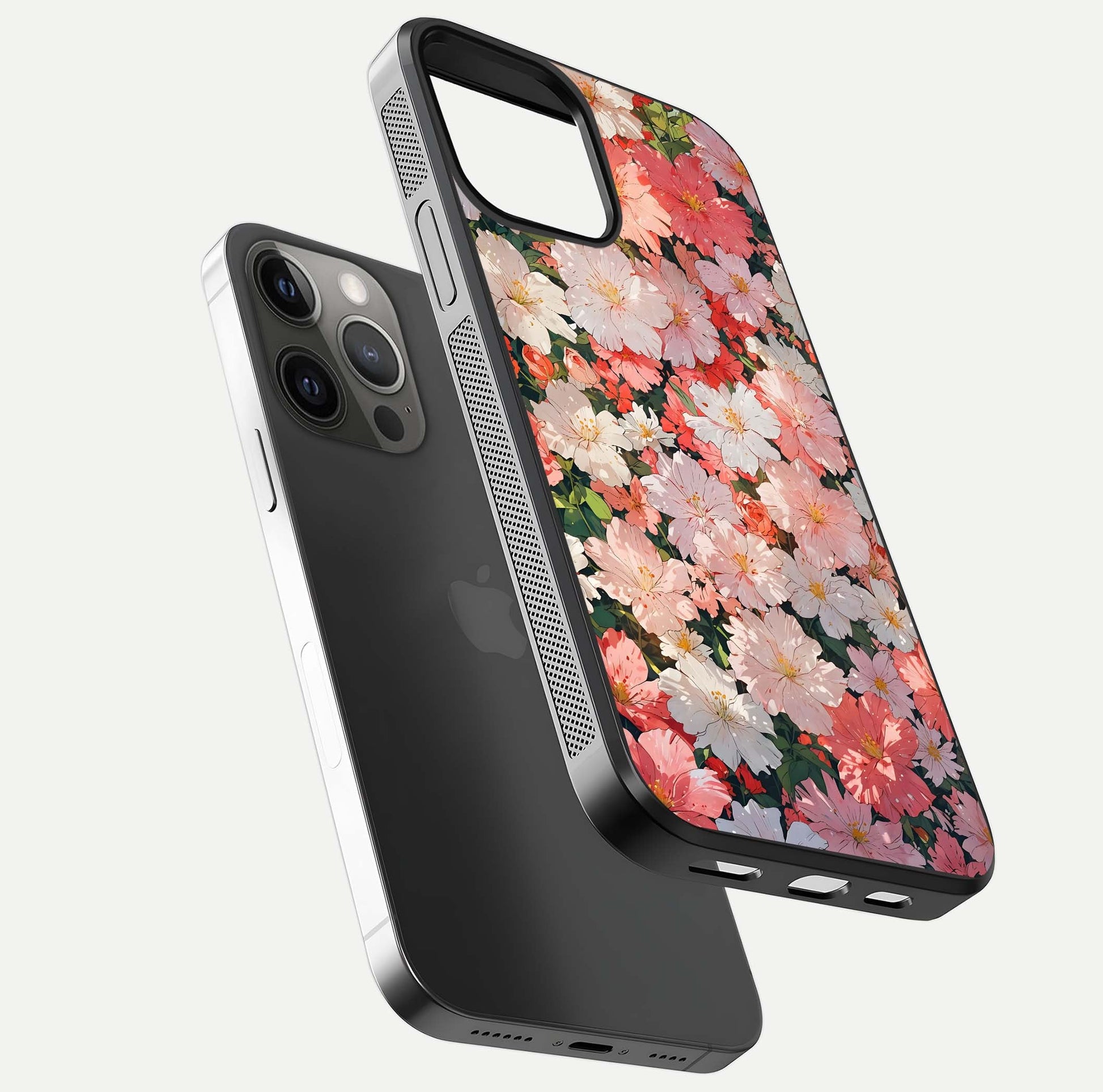 Blush Bloom Field Glass Case for iPhone 12 Pro Max floating mockup highlighting floral spread and edge reflection