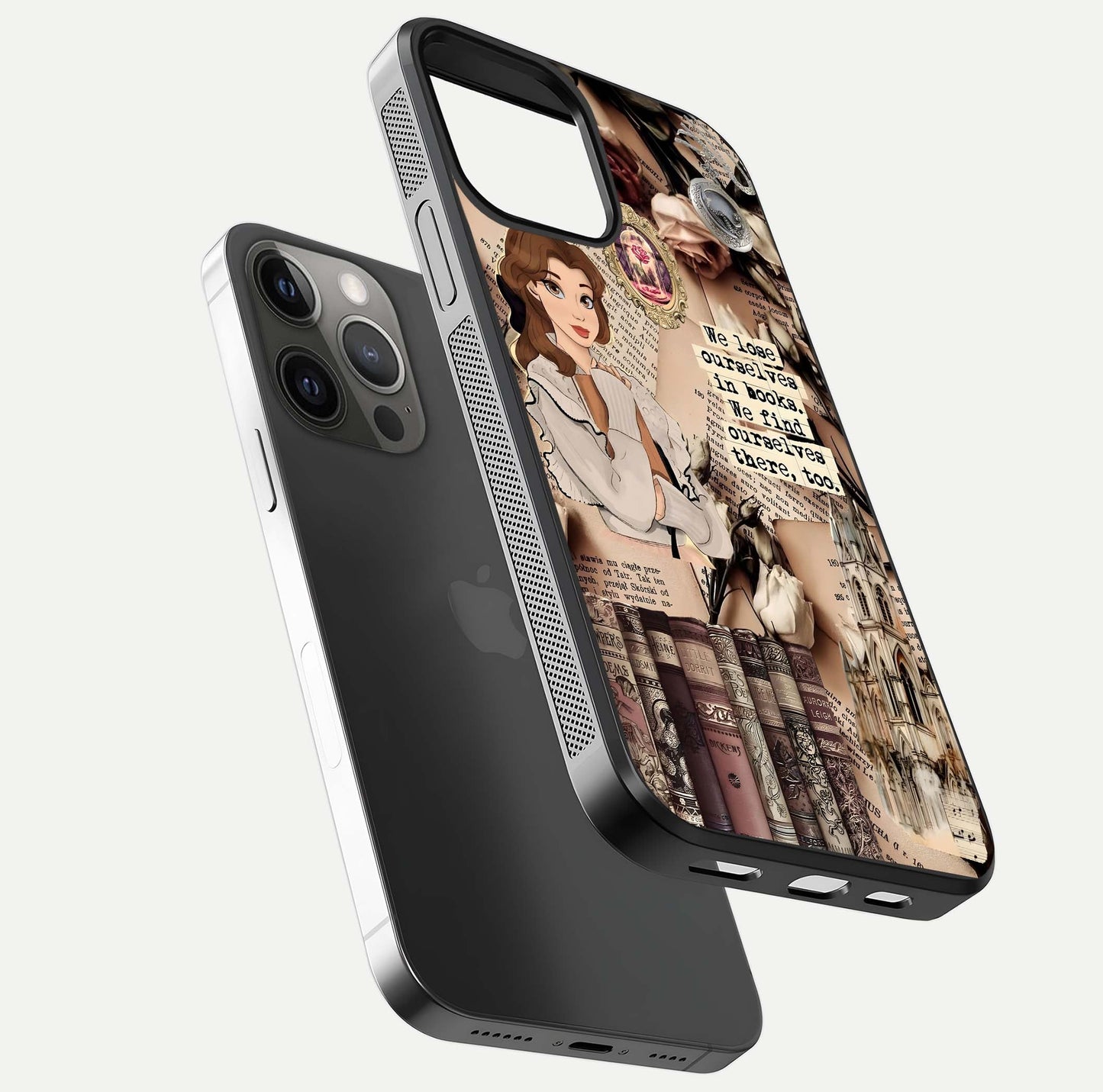 Bookish Dream World Glass Case for iPhone 12 Pro Max floating mockup capturing gloss shine and artistic balance