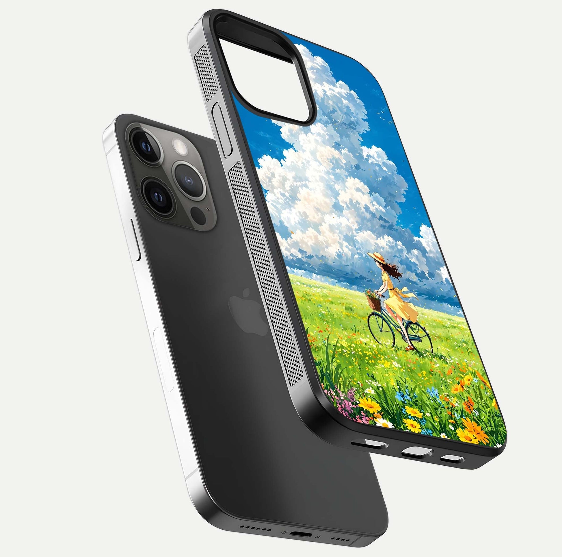 Breezy Meadow Ride Glass Case for iPhone 12 Pro Max floating mockup capturing serene tones and smooth finish