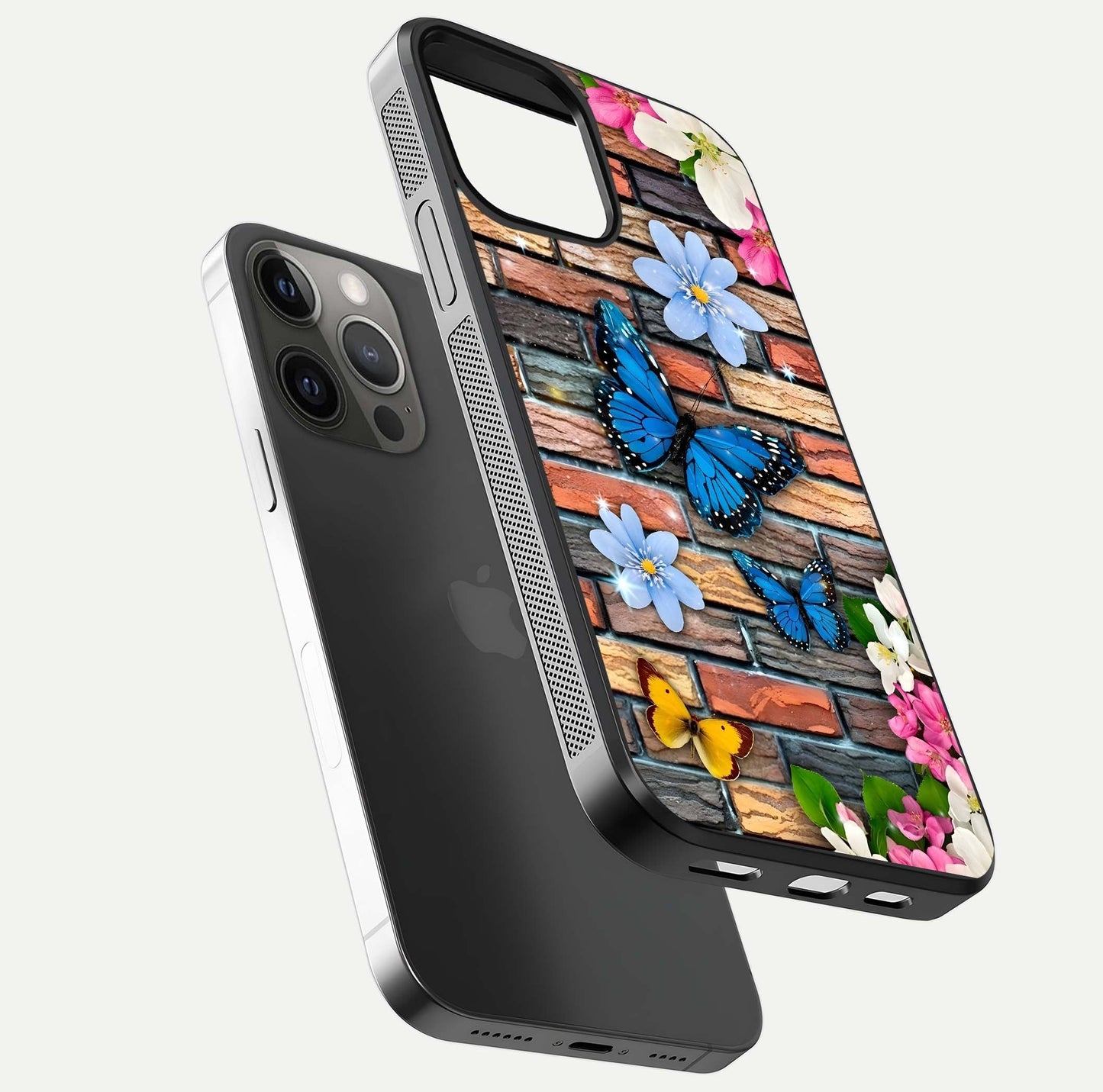 Brick Bloom Flight Glass Case for iPhone 12 Pro Max floating mockup displaying gloss reflection and pattern vibrancy
