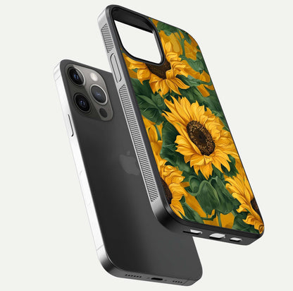 Bright Sunflower Bloom Glass Case for iPhone 12 Pro Max floating mockup capturing vibrant tones and gloss surface