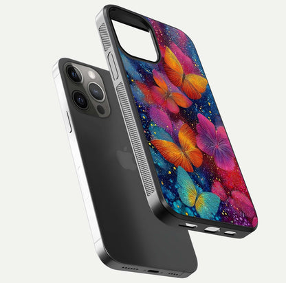Butterfly Dream Mist Glass Case for iPhone 12 Pro Max floating mockup displaying glass shine and ethereal art depth