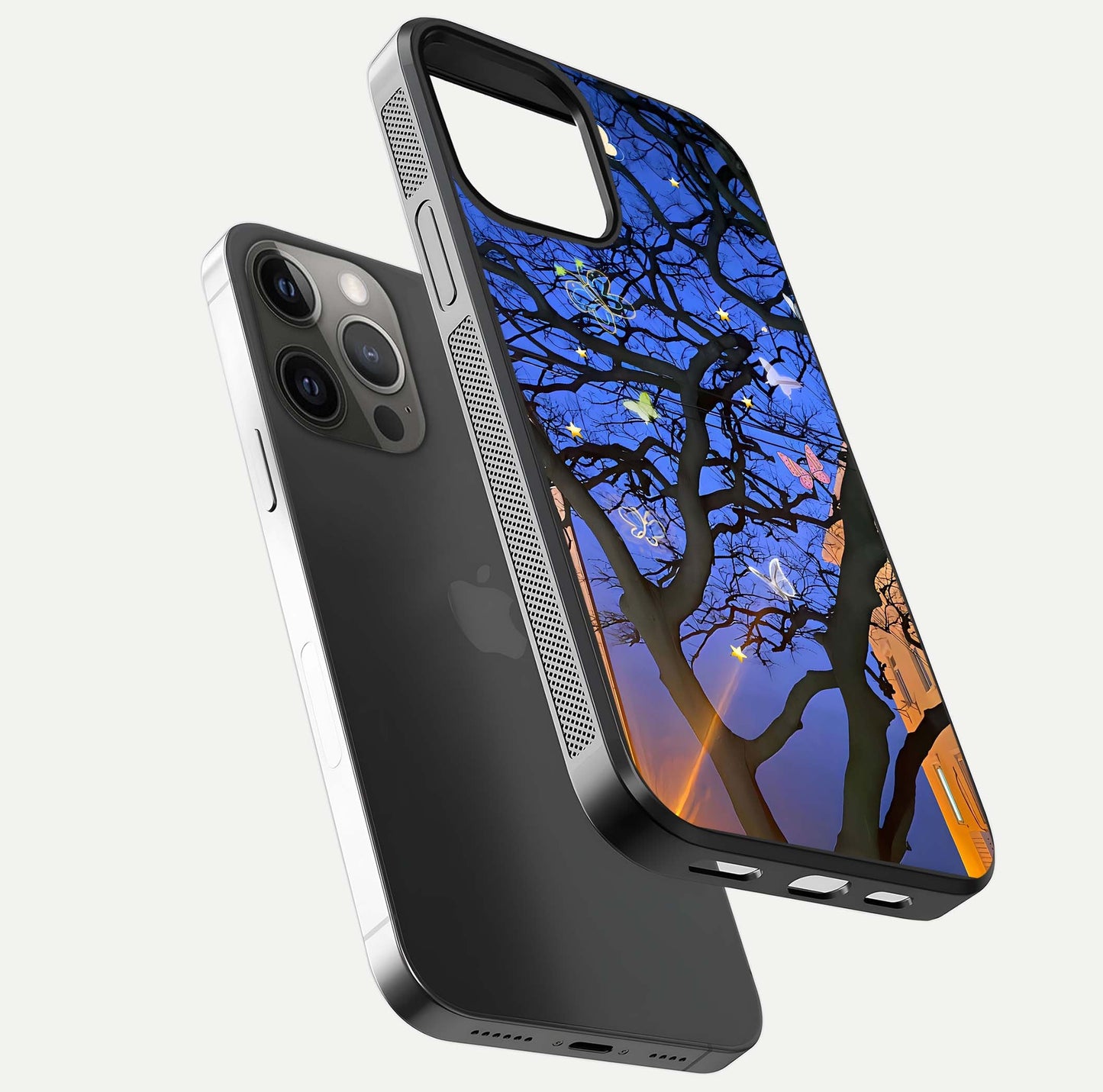 Butterfly Night Magic Glass Case for iPhone 12 Pro Max floating mockup showing night glow and smooth polish