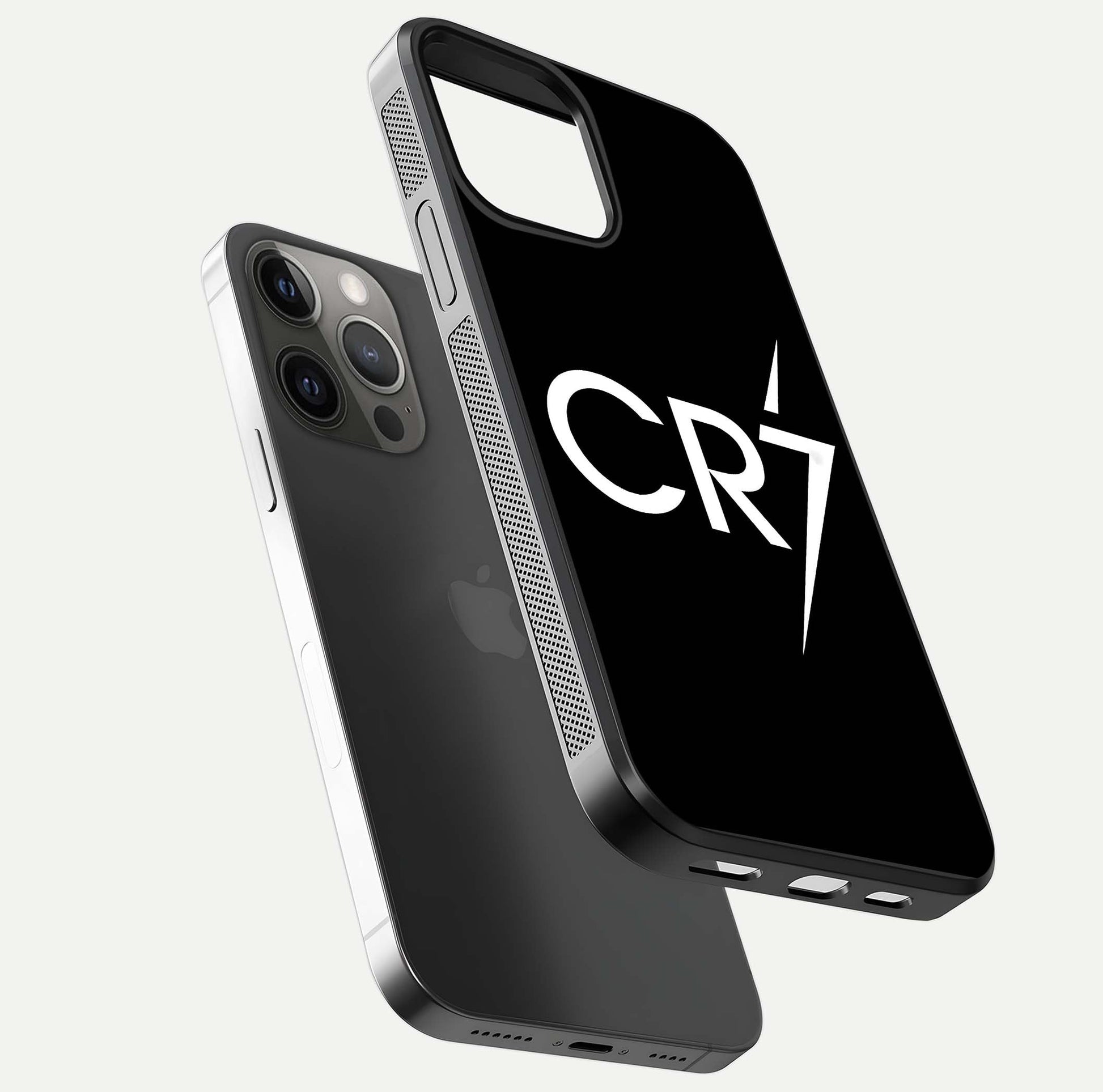CR7 Elite Strike Glass Case for iPhone 12 Pro Max floating mockup displaying HD gloss and sporty texture