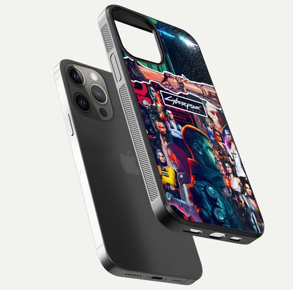 CYBERPUNK Legacy Glass Case for iPhone 12 Pro Max floating mockup showing HD gloss and neon glow detail