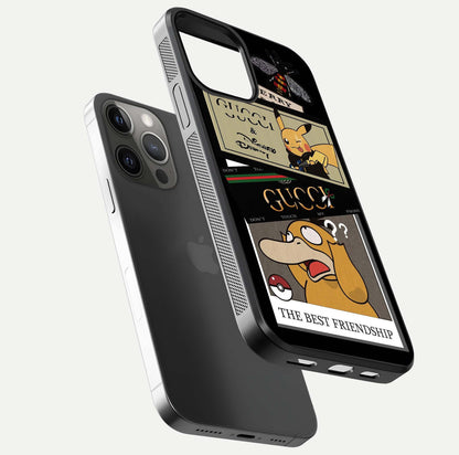 Cartoon Brand Play Mashup Glass Case for iPhone 12 Pro Max floating dual-view mockup showing gloss surface and vivid reflection