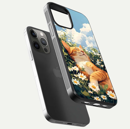 Cat & Flowers View Glass Case for iPhone 12 Pro Max floating mockup showing design reflection and protective edges