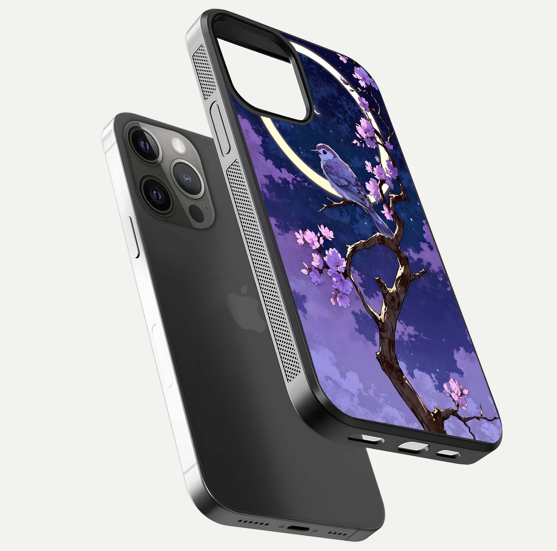 Celestial Bird Blossom Glass Case for iPhone 12 Pro Max floating mockup showing cosmic floral tones and HD gloss
