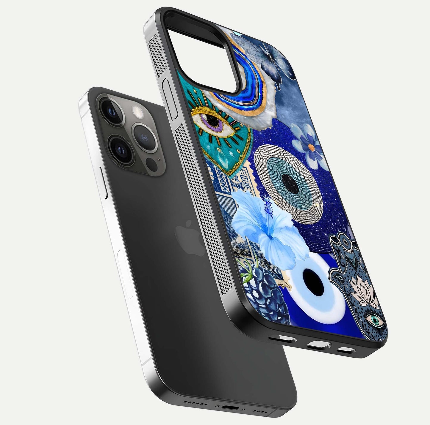 Celestial Blue Vision Glass Case for iPhone 12 Pro Max floating mockup showing gloss depth and night-sky pattern