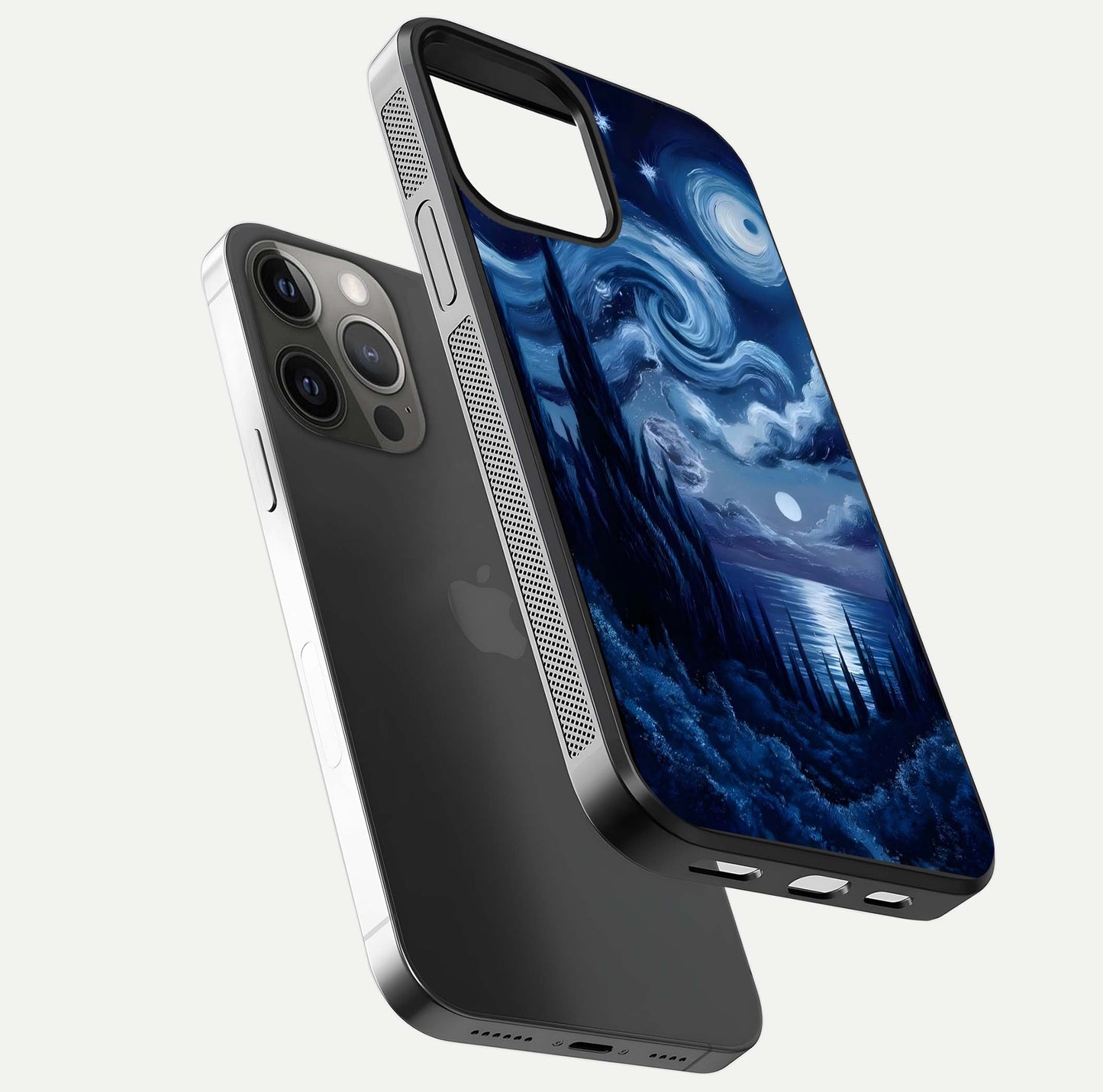 Celestial Dream Van Gogh Glass Case for iPhone 12 Pro Max floating mockup highlighting cosmic tones and smooth gloss