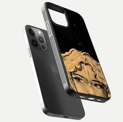Celestial God’s Plan Glass Case for iPhone 12 Pro Max floating dual-view mockup displaying gloss surface and vivid print