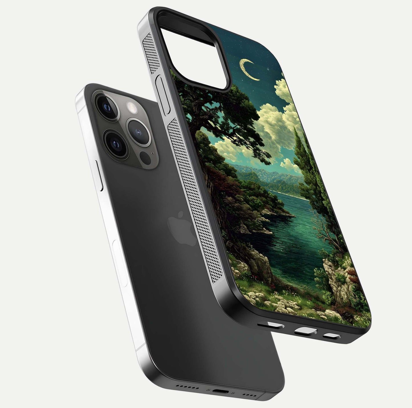 Celestial Lake Peace Glass Case for iPhone 12 Pro Max floating mockup capturing calm tones and smooth polish