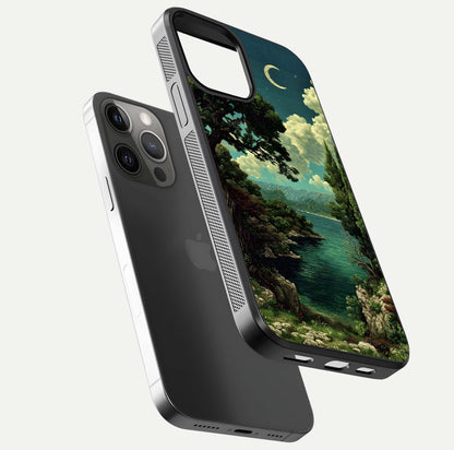 Celestial Lake Peace Glass Case for iPhone 12 Pro Max floating mockup capturing calm tones and smooth polish
