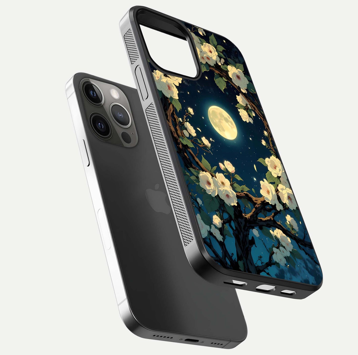 Celestial Moon & Flower Glass Case for iPhone 12 Pro Max floating mockup emphasizing HD shine and delicate texture