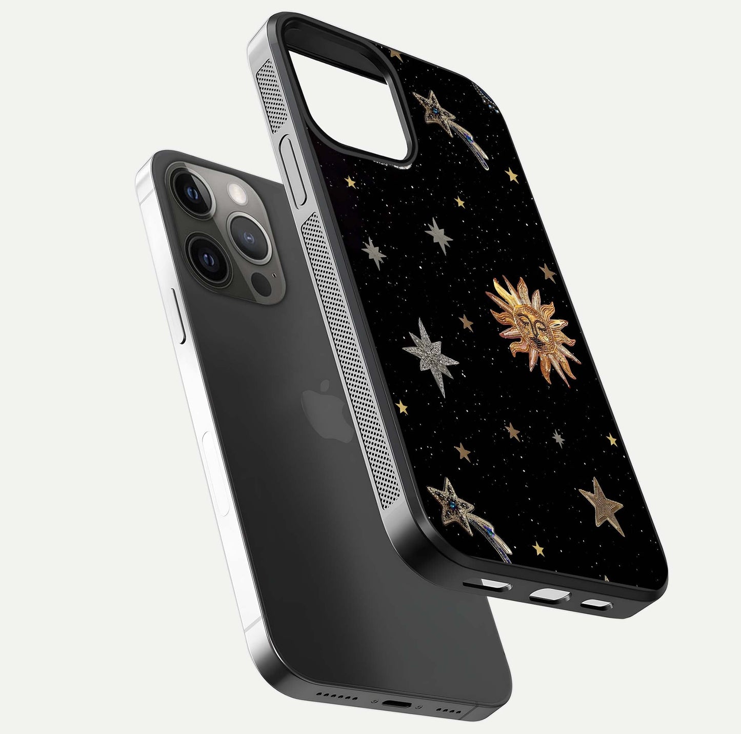 Celestial Moon With Stars Glass Case for iPhone 12 Pro Max floating mockup emphasizing star depth and gloss clarity