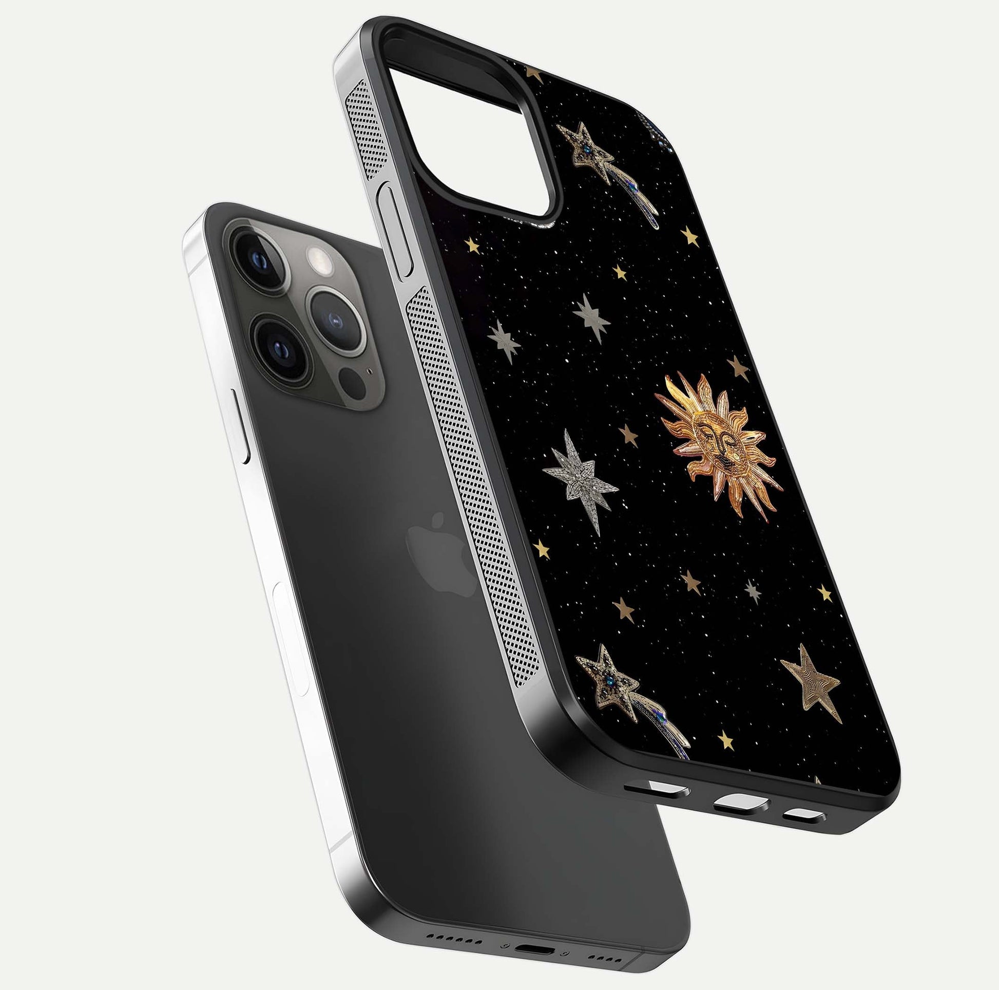 Celestial Moon With Stars Glass Case for iPhone 12 Pro Max floating mockup emphasizing star depth and gloss clarity