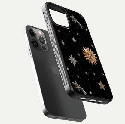 Celestial Moon With Stars Glass Case for iPhone 12 Pro Max floating mockup emphasizing star depth and gloss clarity