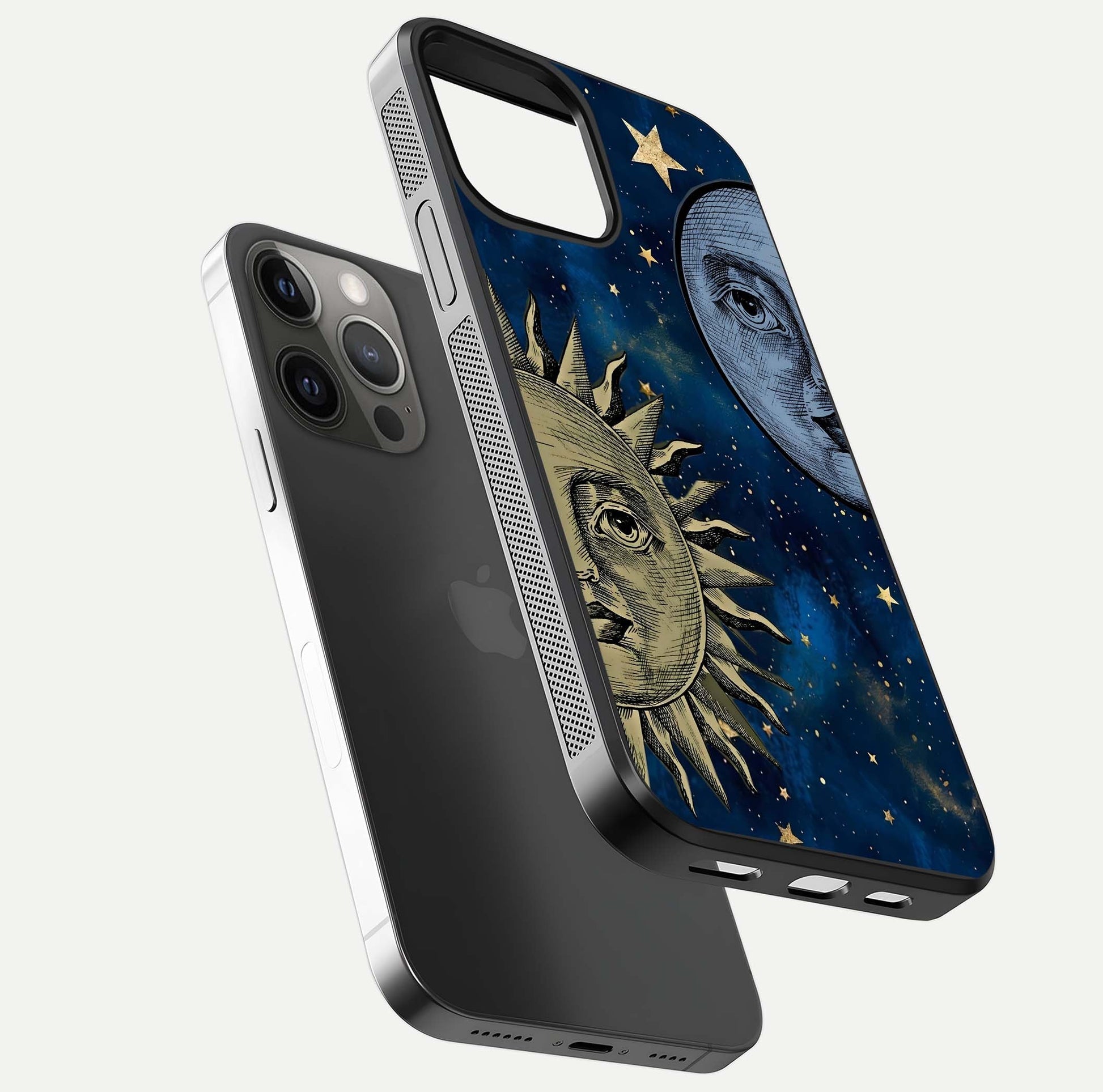 Celestial Moon With Sun Glass Case for iPhone 12 Pro Max floating mockup displaying vibrant contrast and HD gloss