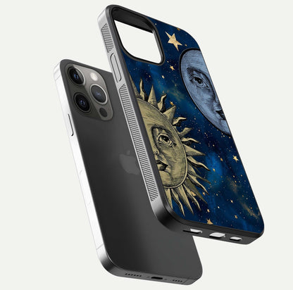 Celestial Moon With Sun Glass Case for iPhone 12 Pro Max floating mockup displaying vibrant contrast and HD gloss