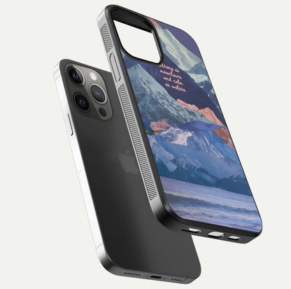 Celestial Mountain Calm Glass Case for iPhone 12 Pro Max floating mockup showing glow depth and polished edges