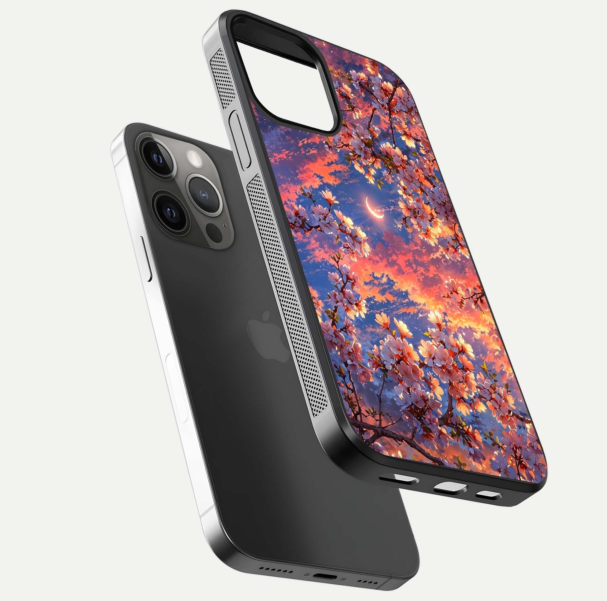 Celestial Sakura Sunset Glass Case for iPhone 12 Pro Max floating mockup capturing sunset hue and smooth gloss