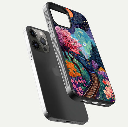 Celestial Train Journey Glass Case for iPhone 12 Pro Max floating mockup capturing gloss reflection and deep night hues