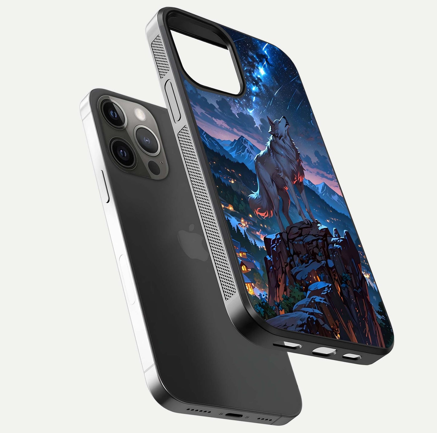 Celestial Wolf Howl Glass Case for iPhone 12 Pro Max floating mockup capturing reflection depth and silver gloss