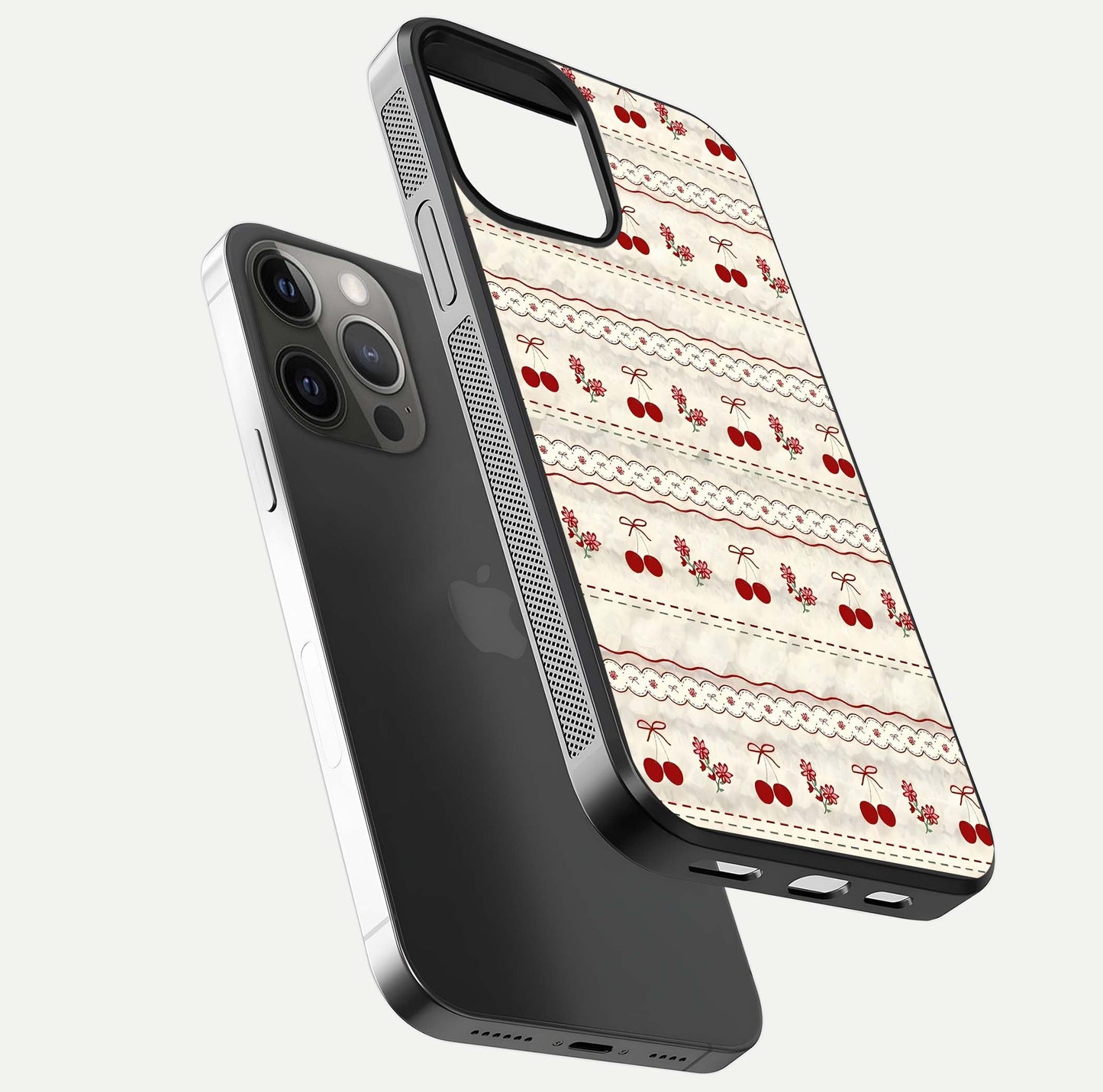 Cherry Bloom Charm Glass Case for iPhone 12 Pro Max floating mockup showing bloom texture and polished gloss
