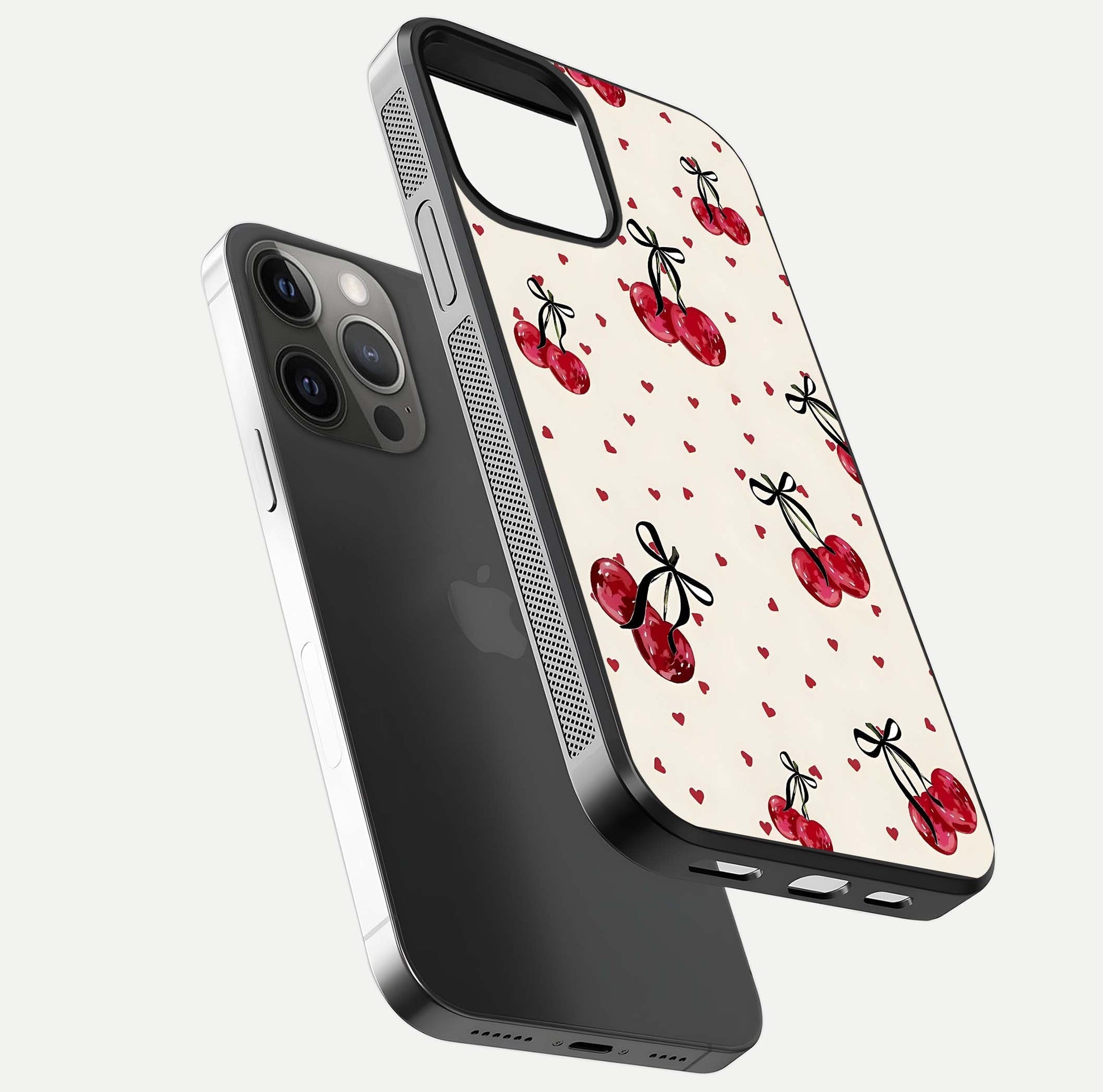 Cherry Heart Bow Glass Case for iPhone 12 Pro Max floating mockup showing reflection and HD print detail