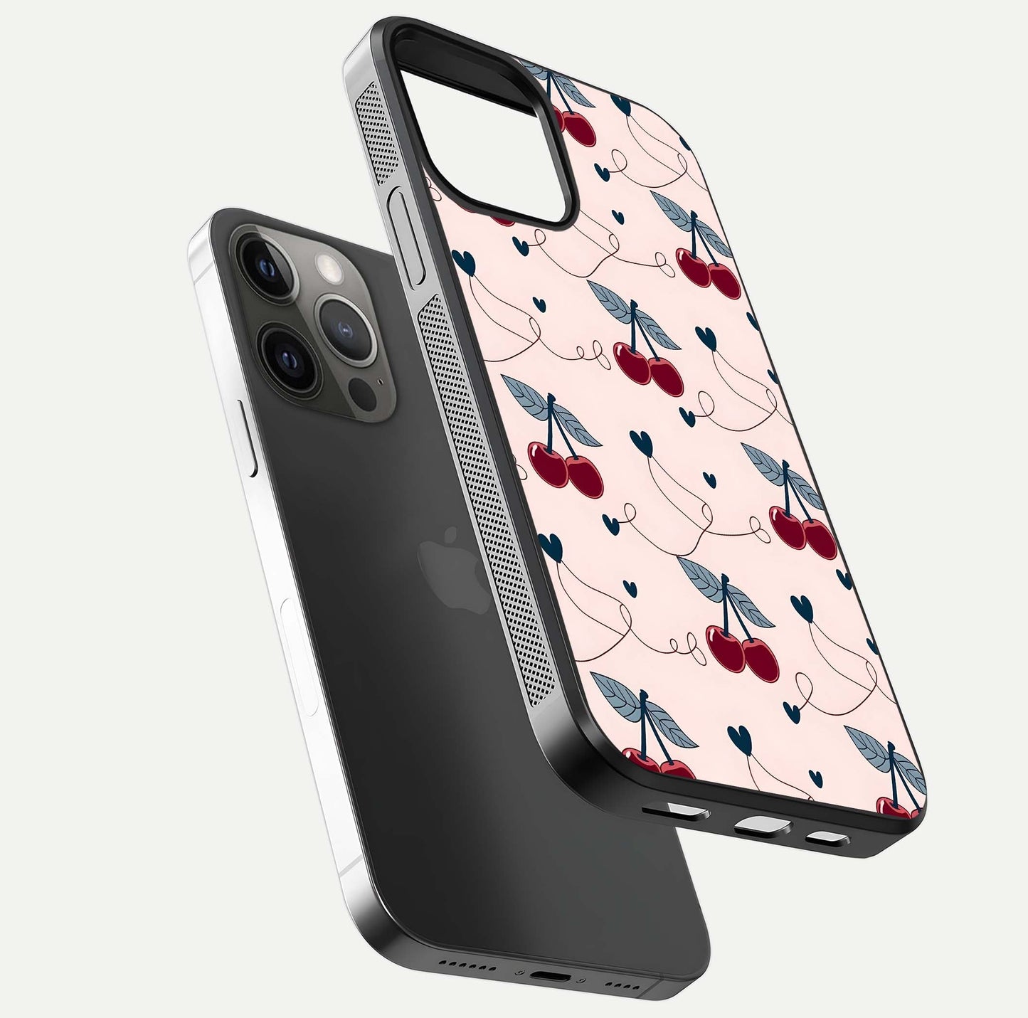 Cherry Heart Line Glass Case for iPhone 12 Pro Max floating mockup showing gloss polish and bright tones