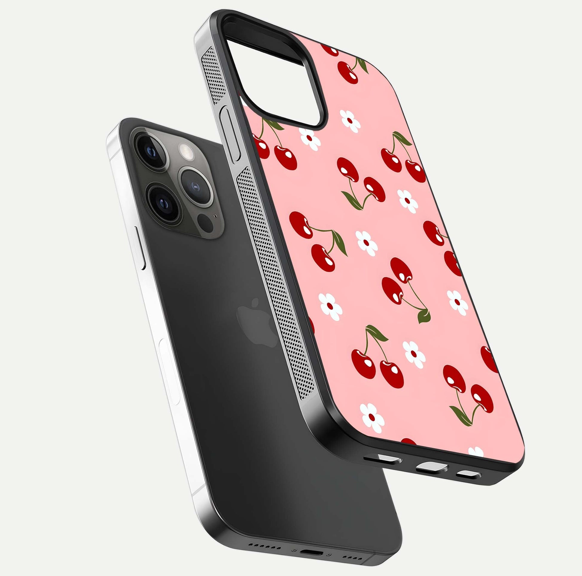 Cherry Love Mood Glass Case for iPhone 12 Pro Max floating mockup showing HD gloss reflection and red tones