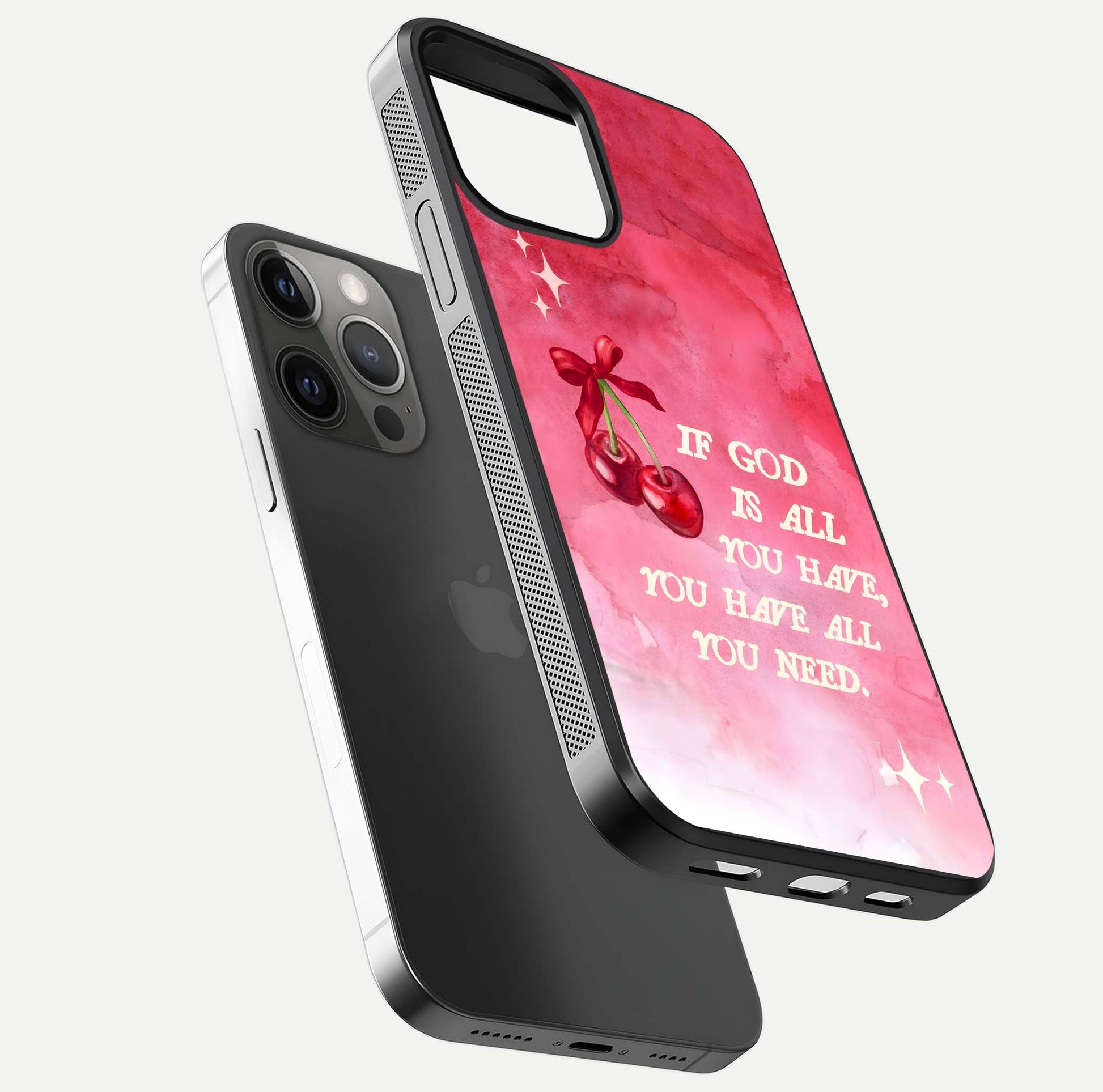 Cherry Quote Glass Case for iPhone 12 Pro Max floating mockup capturing shine texture and clear typography