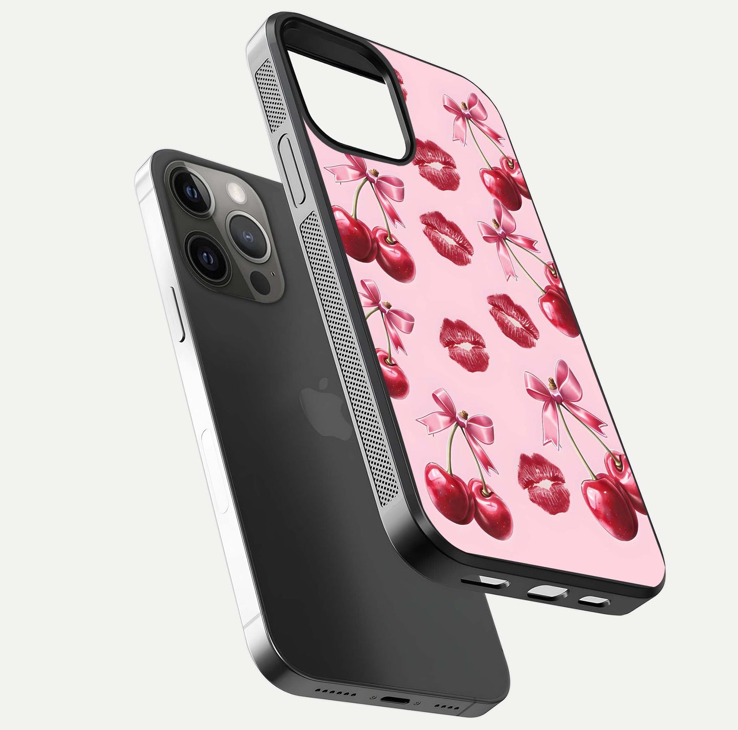 Cherry With Lips Glass Case for iPhone 12 Pro Max floating mockup showing HD gloss and pop-art inspired tones