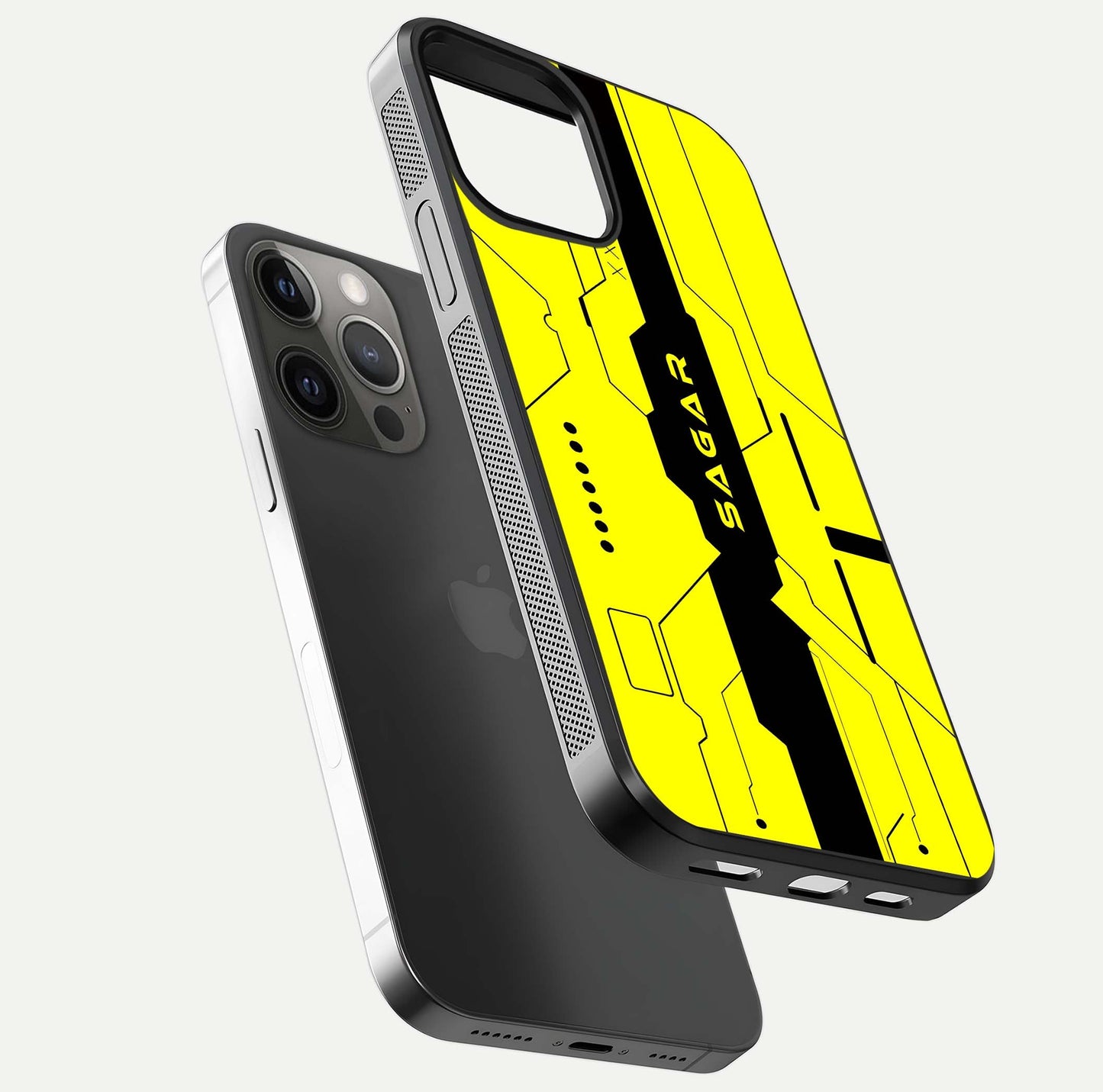 Circuit CYBERPUNK Custom Name Glass Case for iPhone 12 Pro Max floating mockup capturing glow effects and polished shine