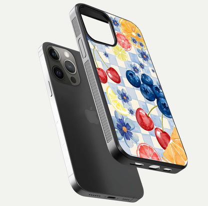 Citrus Bloom Joy Glass Case for iPhone 12 Pro Max floating mockup showing HD gloss and lively tone