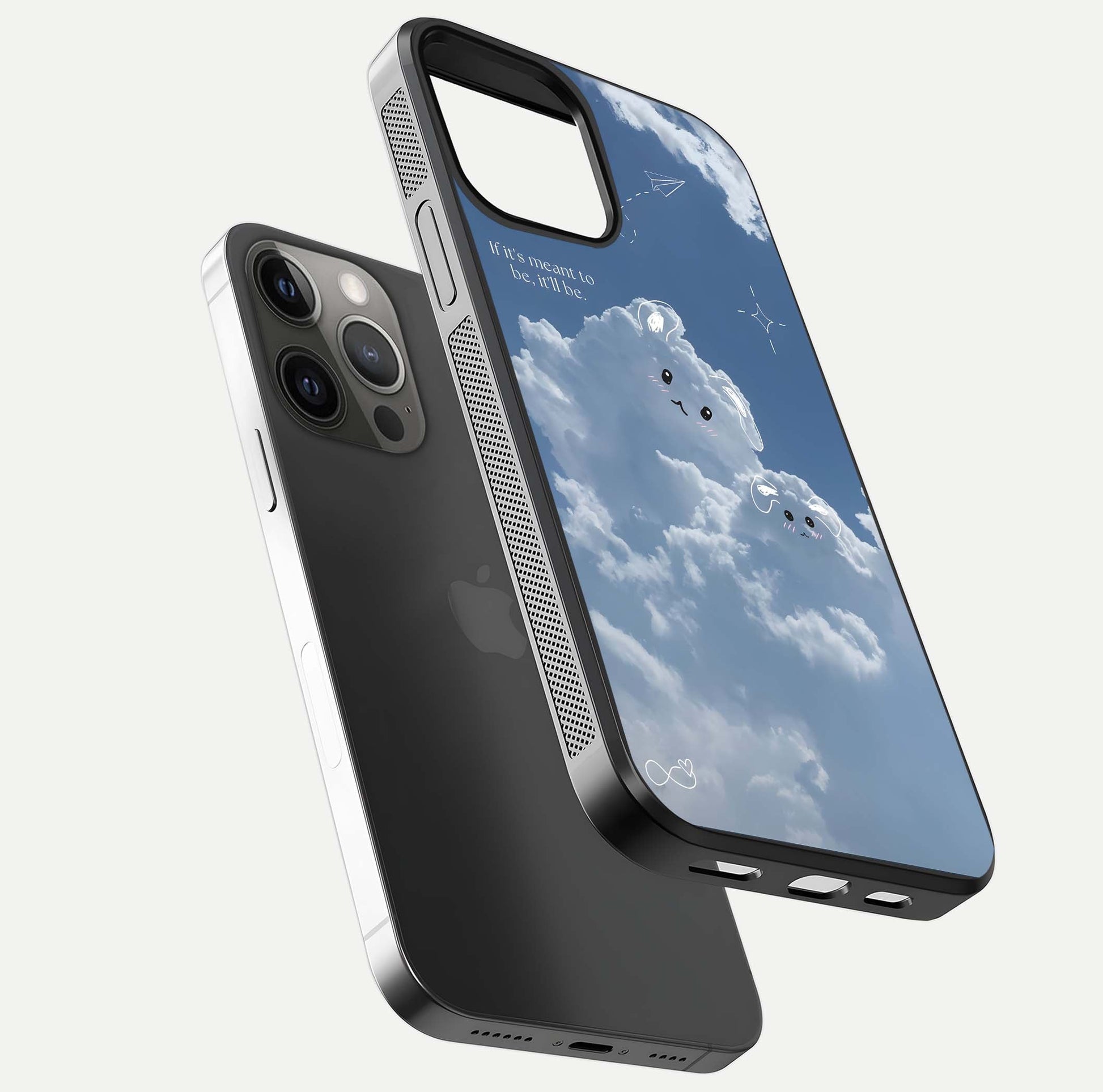 Cloud Bunny Dreams Glass Case for iPhone 12 Pro Max floating mockup showing soft gradient and gloss reflection