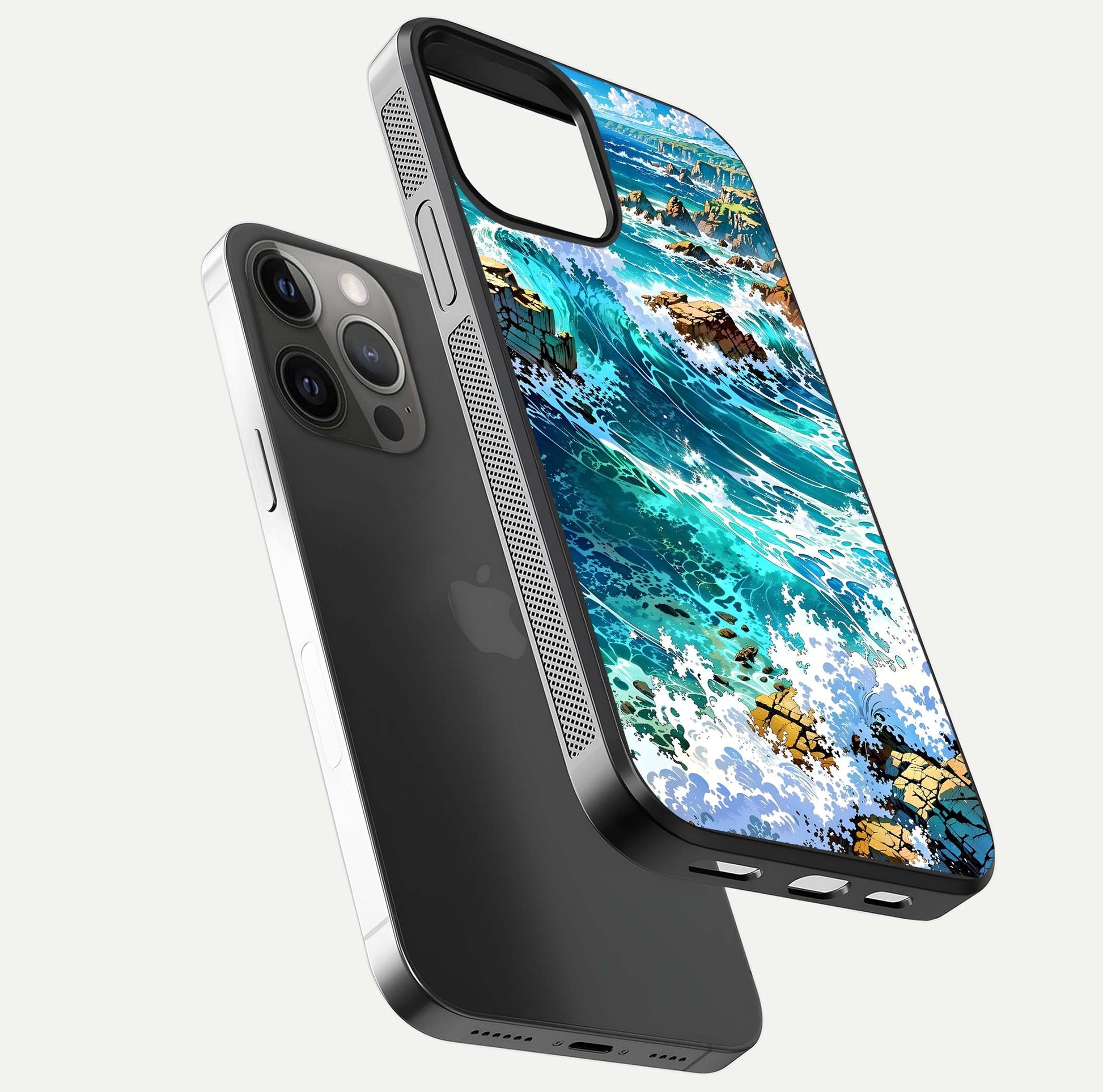 Coastal Blue Waves Glass Case for iPhone 12 Pro Max floating mockup showing HD reflection and wave details