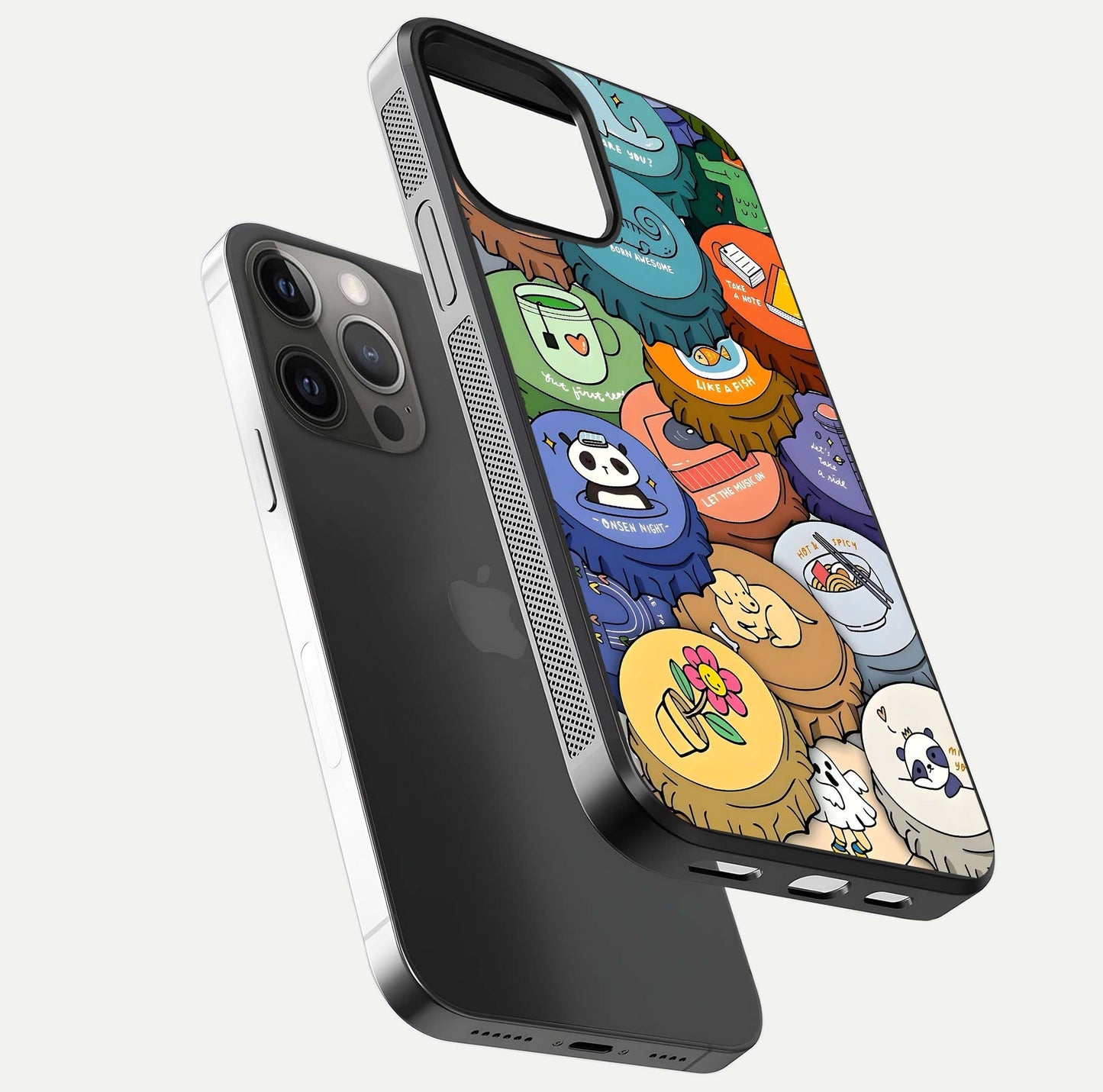 Coins Patterns Glass Case for iPhone 12 Pro Max floating mockup showing reflection depth and smooth tone