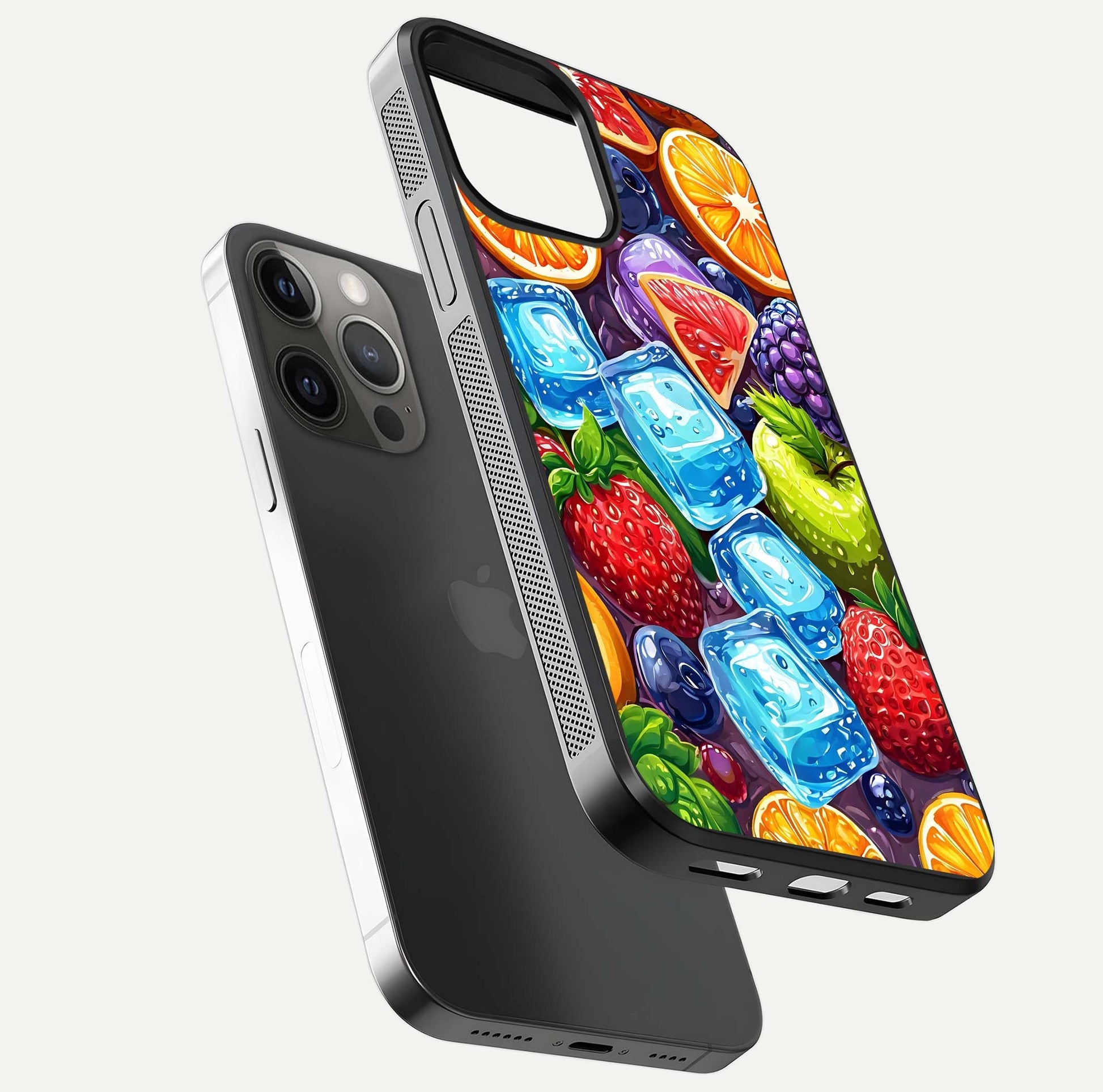 Colorful Fruits with Ice Glass Case for iPhone 12 Pro Max floating mockup showing bright shine and crystal clarity