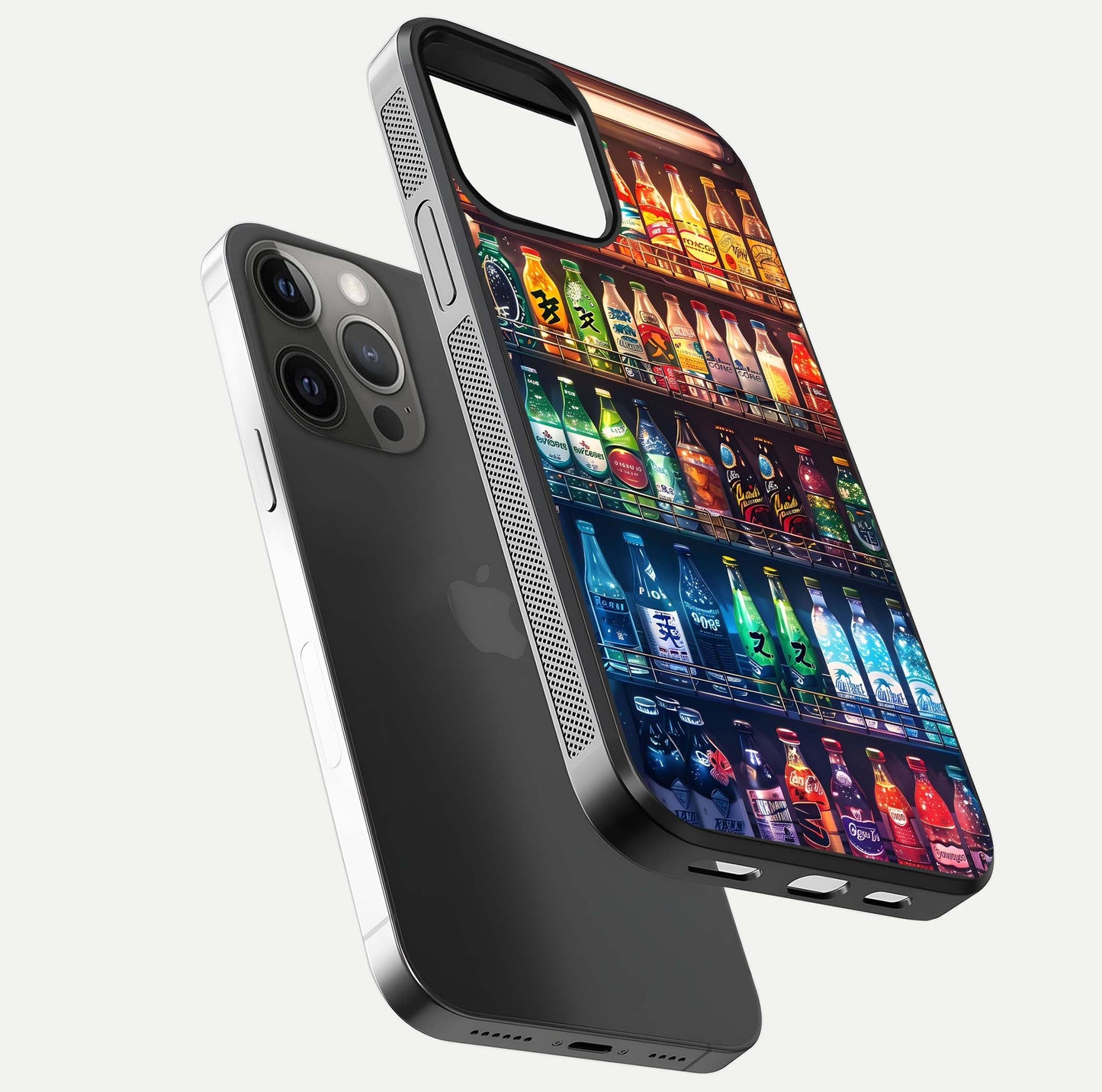 Colorful Soda Bottles Glass Case for iPhone 12 Pro Max floating mockup showing light reflection and bright gloss