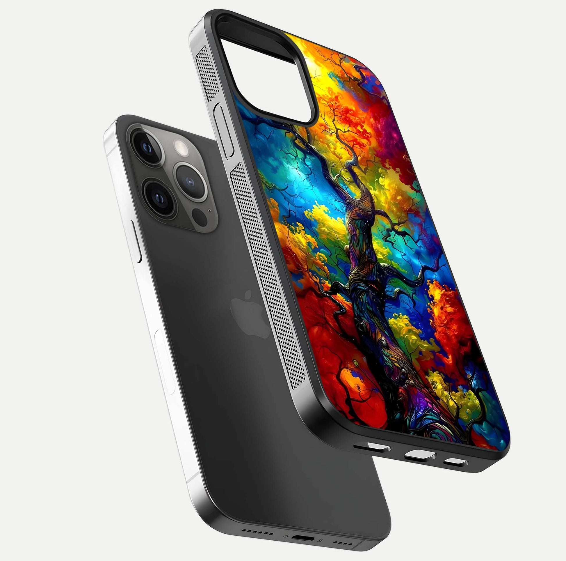 Colorful Tree Glass Case for iPhone 12 Pro Max floating mockup showing reflection gloss and vivid hues