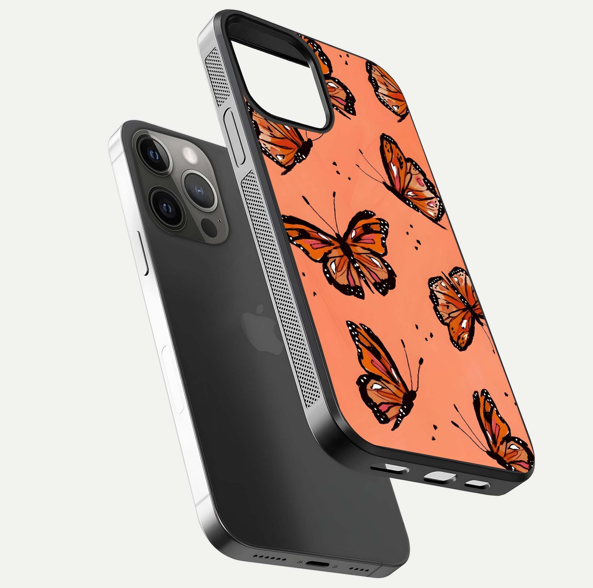 Coral Wing Butterfly Glass Case for iPhone 12 Pro Max floating mockup showing HD gloss texture and vivid coral color