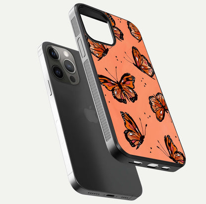 Coral Wing Butterfly Glass Case for iPhone 12 Pro Max floating mockup showing HD gloss texture and vivid coral color