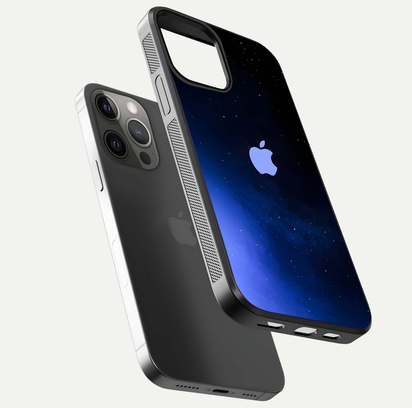 Cosmic Blue Apple Glass Case for iPhone 12 Pro Max floating mockup showing HD gloss and deep space gradient